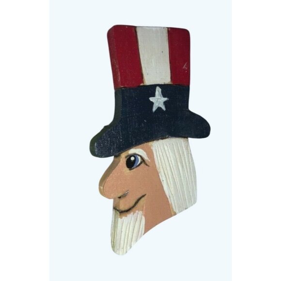 Handcrafted Uncle Sam Wood Patriotic Brooch Pin Red White Blue Vintage Accessory - Picture 4 of 4